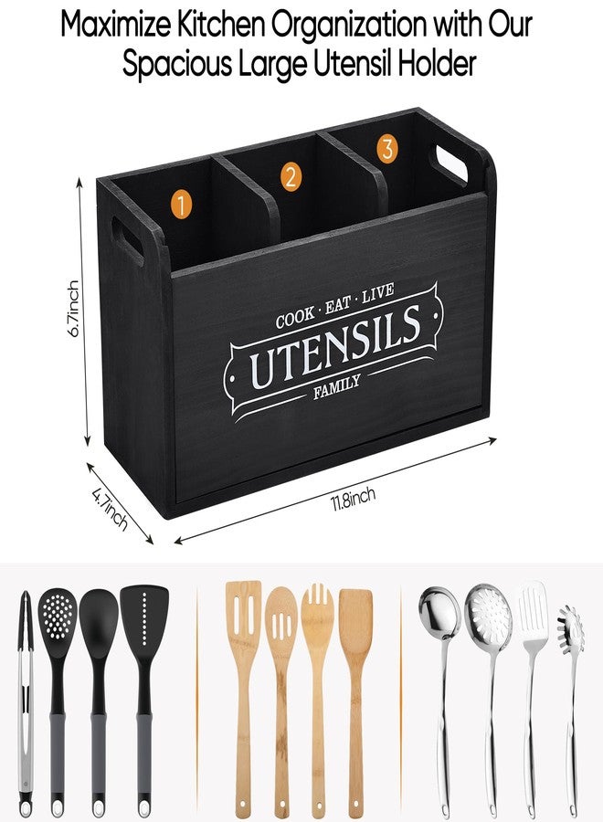 Ella & Emma Kitchen Utensil Holder with 3 Compartments, Rustic Wooden Storage Organizer Box Vintage Cutlery Farmhouse Flatware Utensil Caddy Countertop for Silverware Fork Spoon Spatula - Image 3